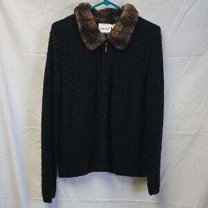 Fashion Bug Black Teddy Jacket with Brown Faux Fur Collar